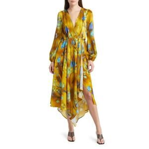 Topshop Abstract Gold Floral Asymmetric Long Sleeve Cut Out Midi Dress 6 NWOT